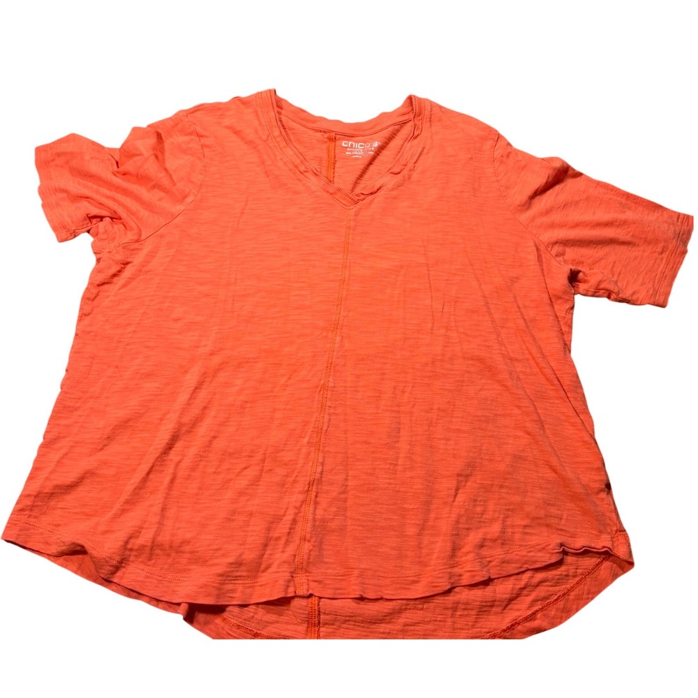 Chicos Size 4 XXL Coral Orange Slub Knit V-Neck Short Sleeve T-Shirt Cotton